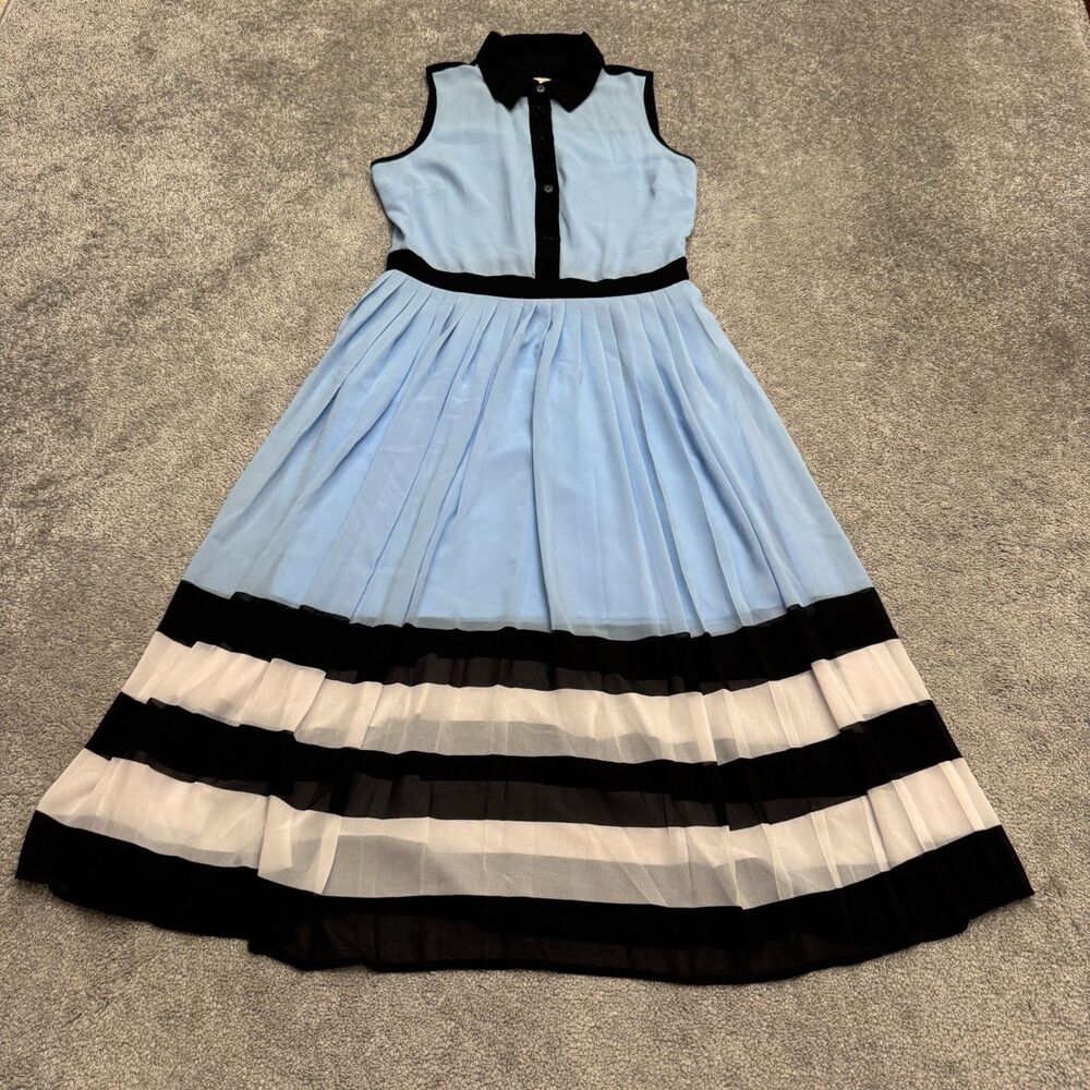 Michael Kors Pleated Shirtdress Womens 2 Blue Black Striped Collared Midi Button